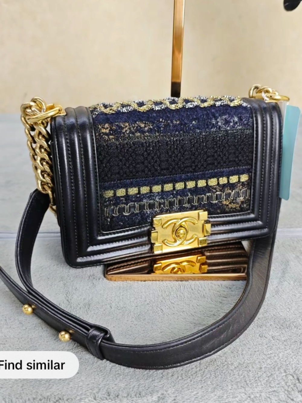 Chanel Black Lambskin Metallic Tweed Embroidered Medium Boy Bag LeBoy